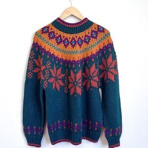 Vintage Bravo Nordic Fair Isle Womens Sweater Size L Green Chunky Cabincore Ski